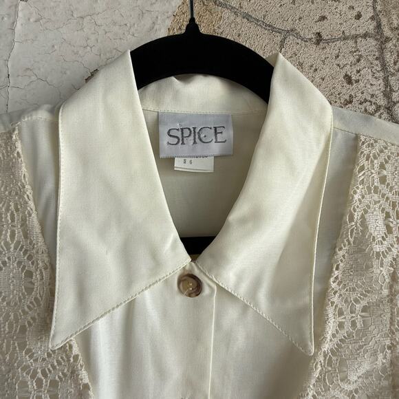 Vintage Blouse with Crochet Lace Vest Cream USA Made 90s Prairie Minimalist Top - Picture 4 of 6